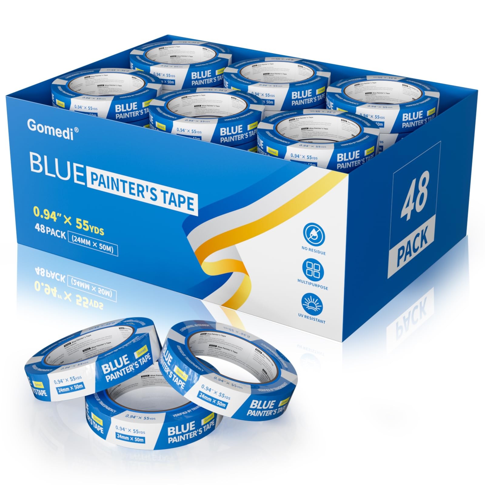 Blue Painters Tape 1 Inch Wide 48 Rolls Bulk, Paint Heat Resistant
