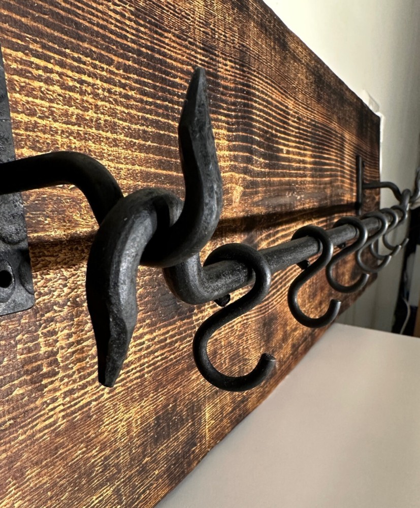 Handmade Wrought Iron Pot & Pan Wall Rack – Rustic Kitchen Organizer with Hooks