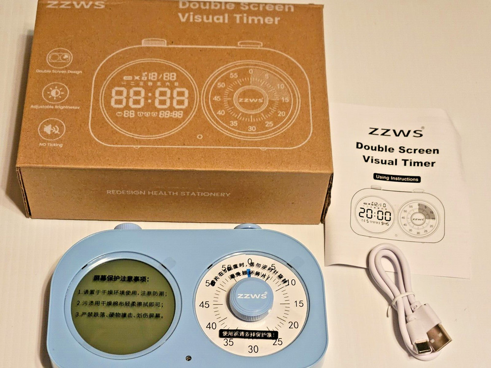 ZZWS Double Screen Visual Timer New in Box Blue Adjustable Brightness No Ticking