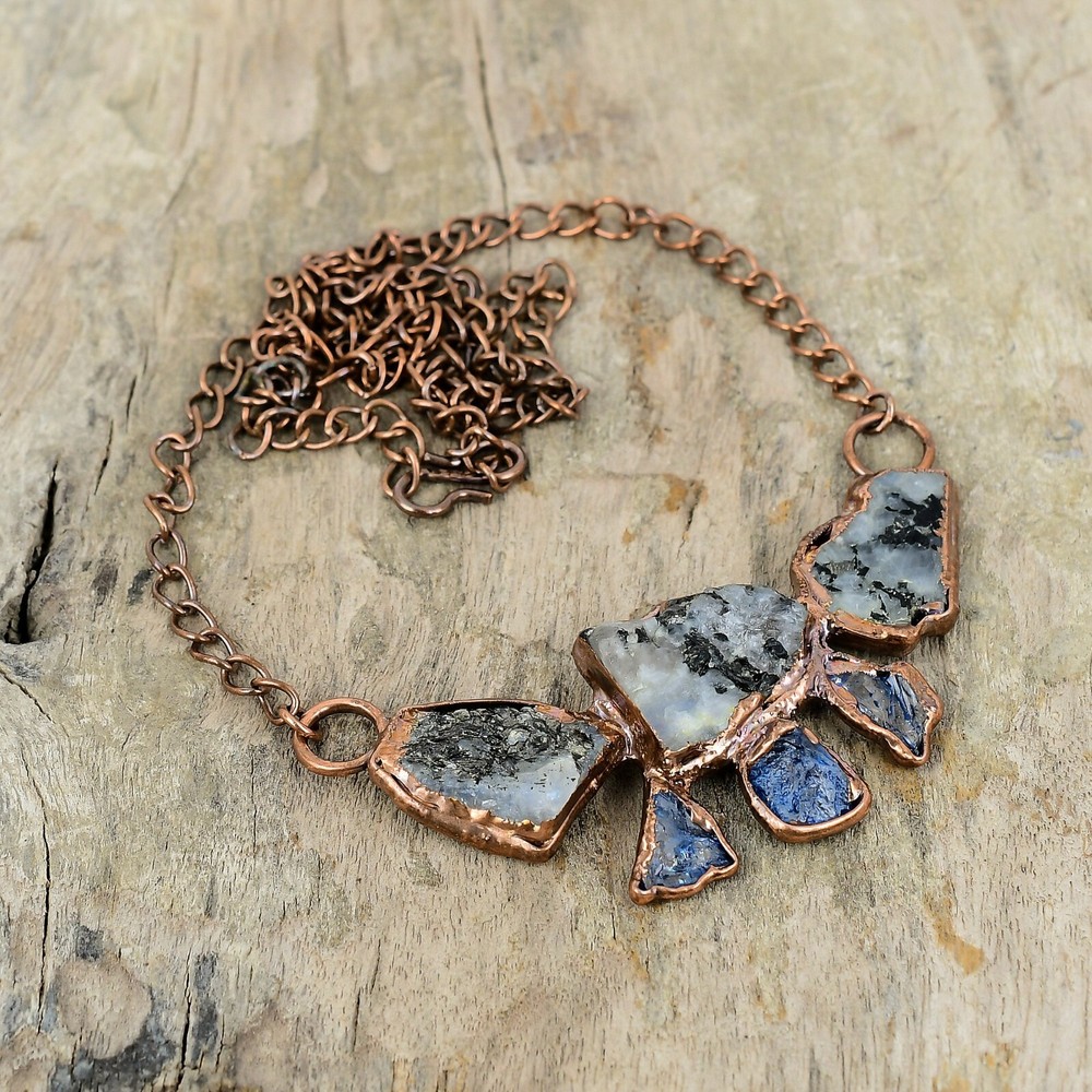 Rainbow Moonstone Rough Electroformed Chain Adjustable Necklace Copper 18.0"