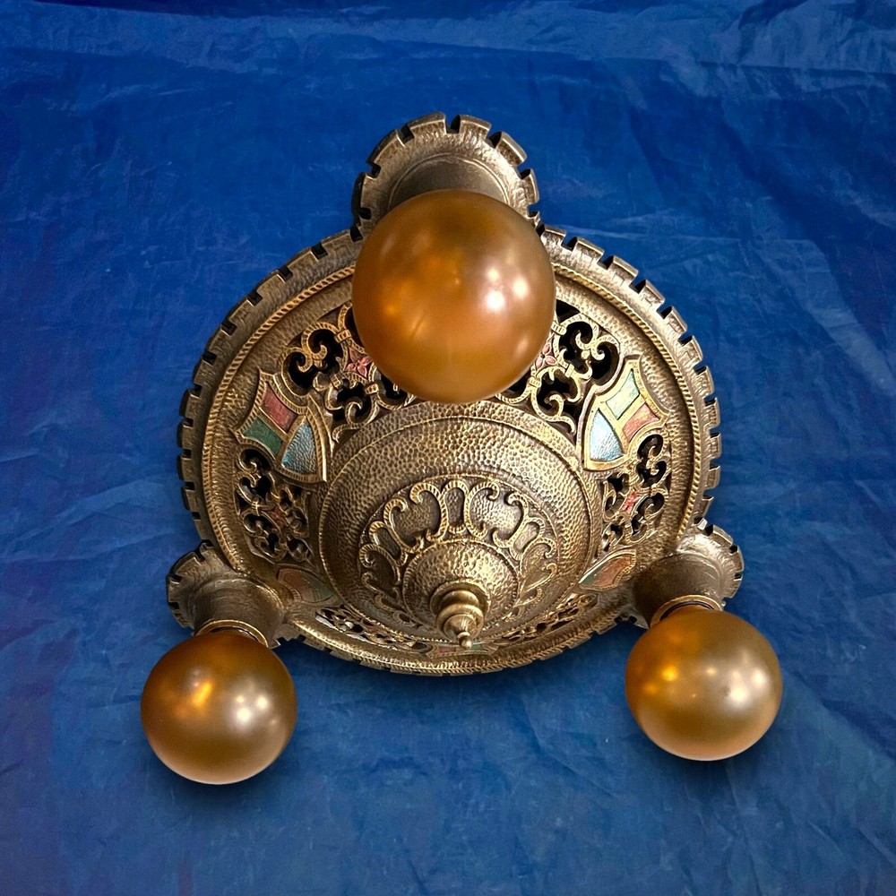 Antique polychrome three bulb flush mount ceiling fixture 33B