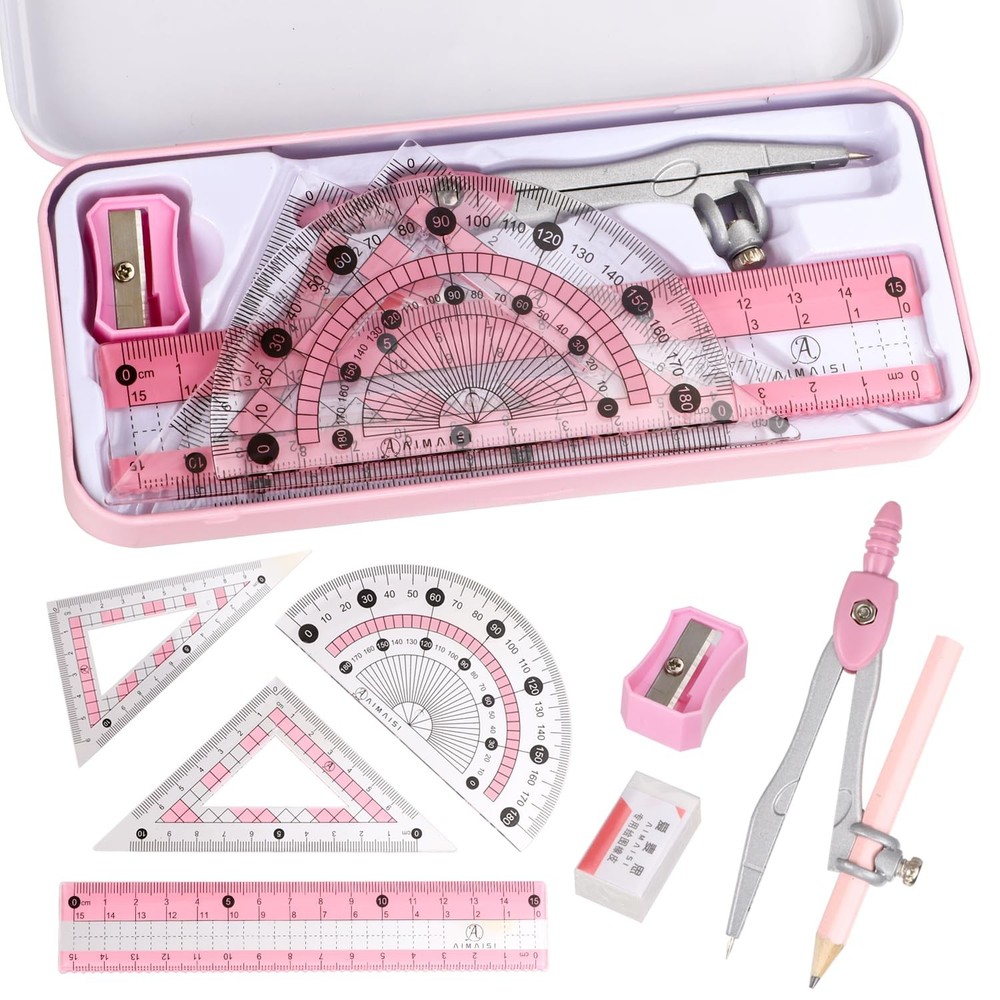 Compass Geometry Tool Protractor and Set with Metal Box Drawing Pink