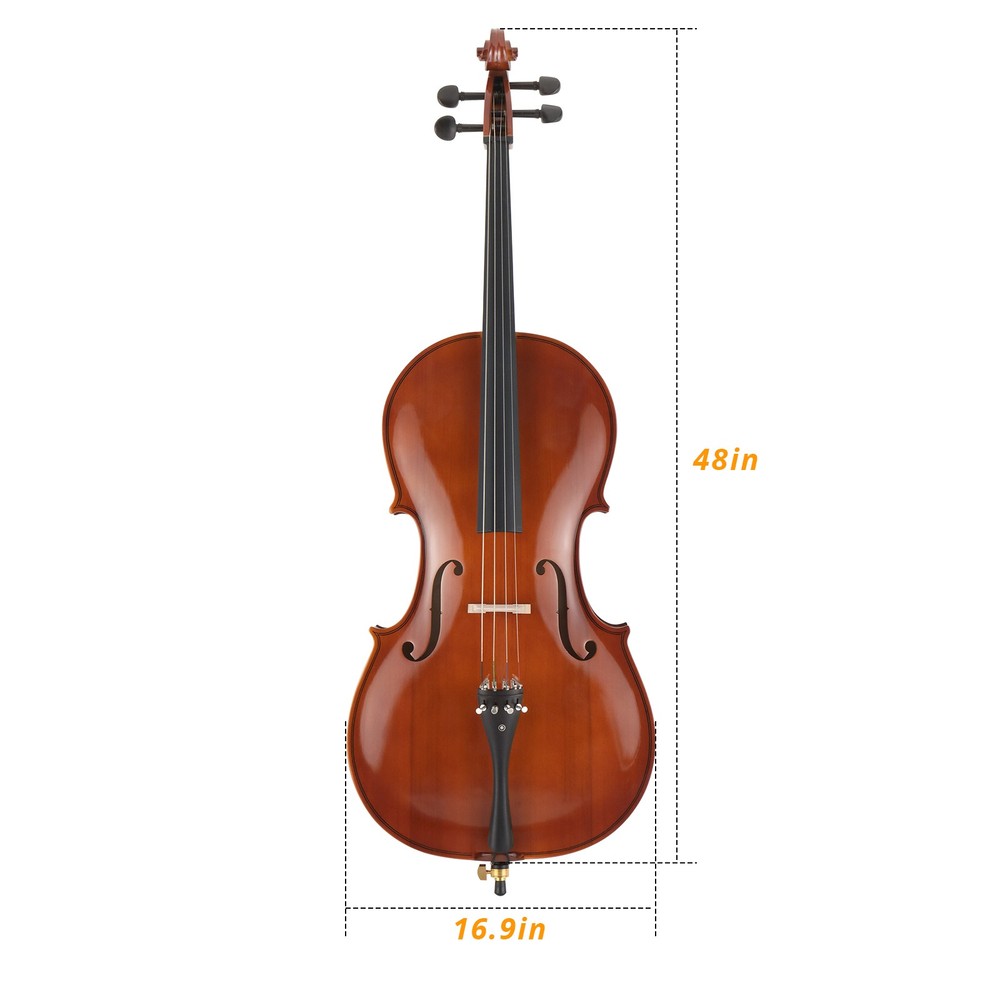 4/4 Natural Spruce Cello, Tiger Pattern, with Bag, Bow, Rosin, Bridge, Strings