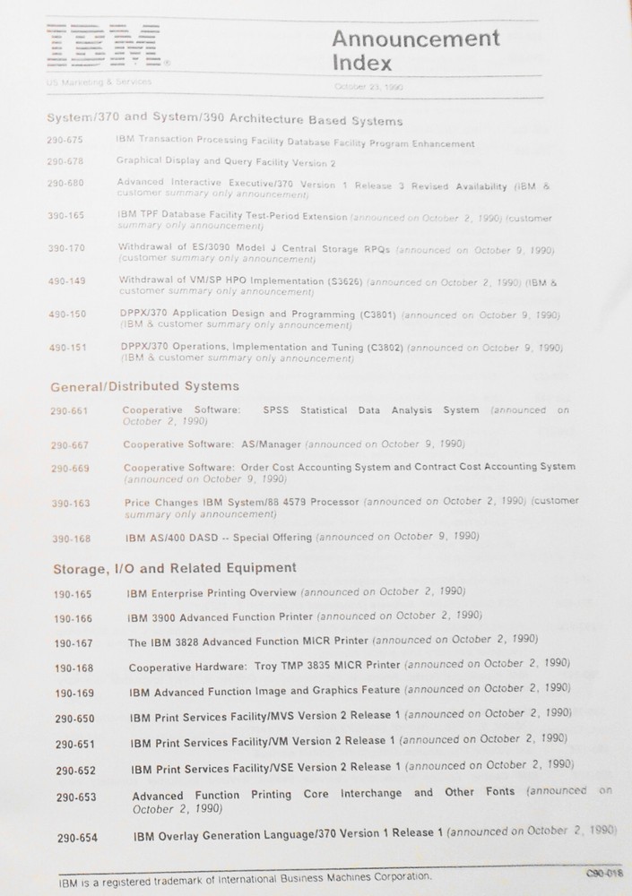 IBM Announcement Letter Summary, 10/23/1990 : System/370, Cooperative Processing