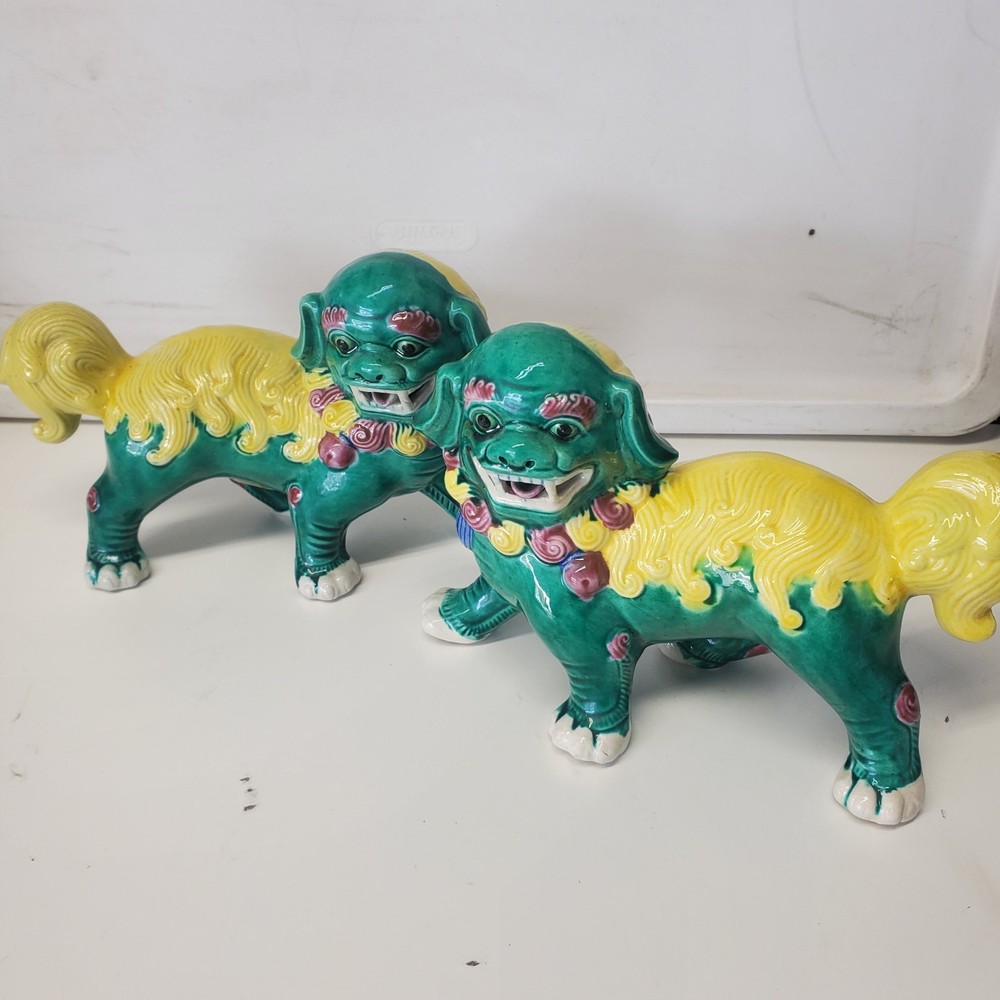 Multi- colored Porcelain Standing Chinese Foo Dog Set.