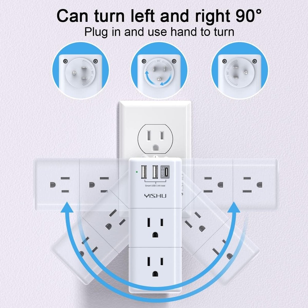 6 AC Plug Extender with 3 USB Ports - USB Multi Plug Outlet Surge Protector
