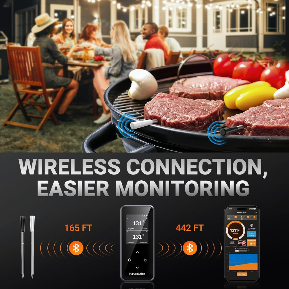 Wireless Bluetooth Meat Thermometer, Smart App & Standalone Base, Dual Probes &