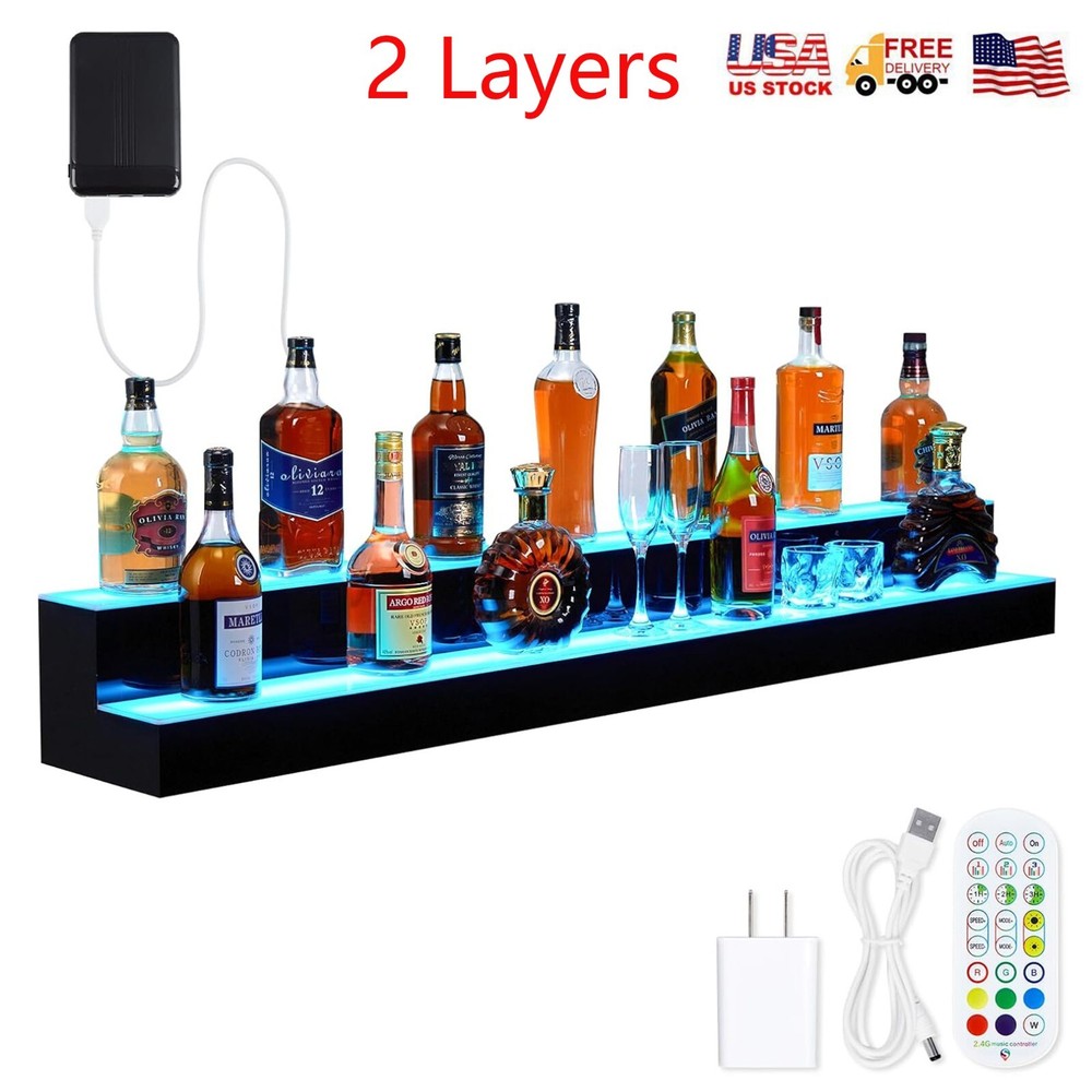 2 Layers Acrylic LED Lighted Bar Shelf Display Wine Racks 60'' With App Control