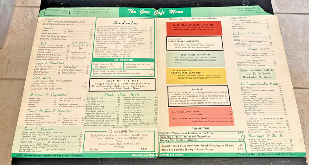1950's YEM Cafe & Hotel Saskatoon Sask. Restaurant Menu