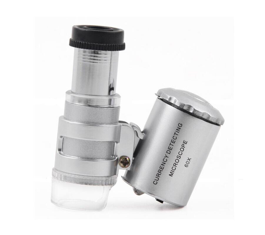 60X LED Mini UV Light Illuminated Pocket Microscope Loupe Magnifier document