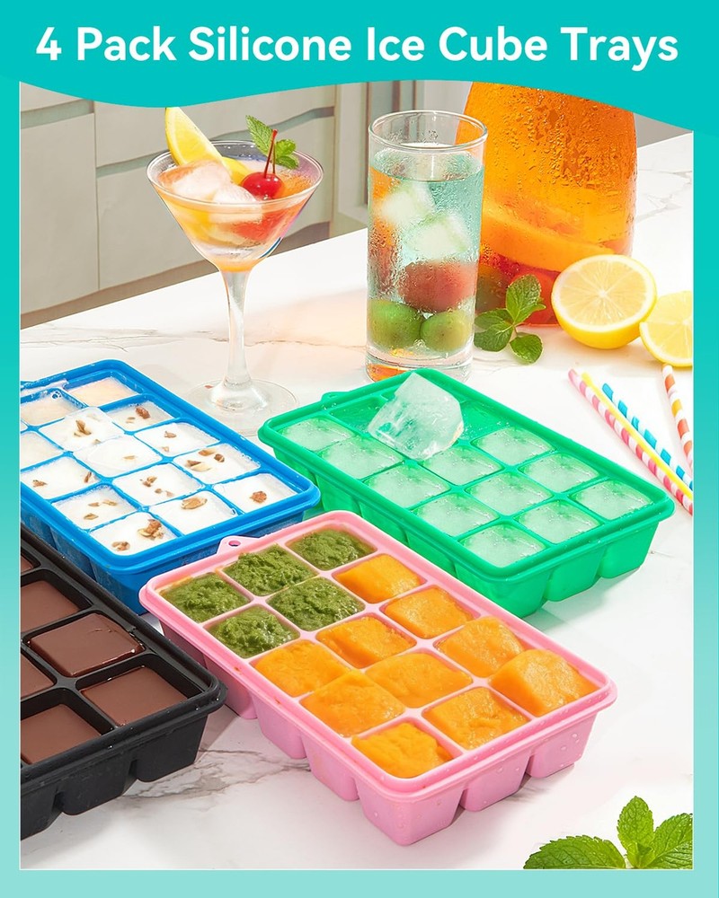 4 Pack Silicone Ice Cube Trays with Lids Easy Release 60 Grids Stackable Square