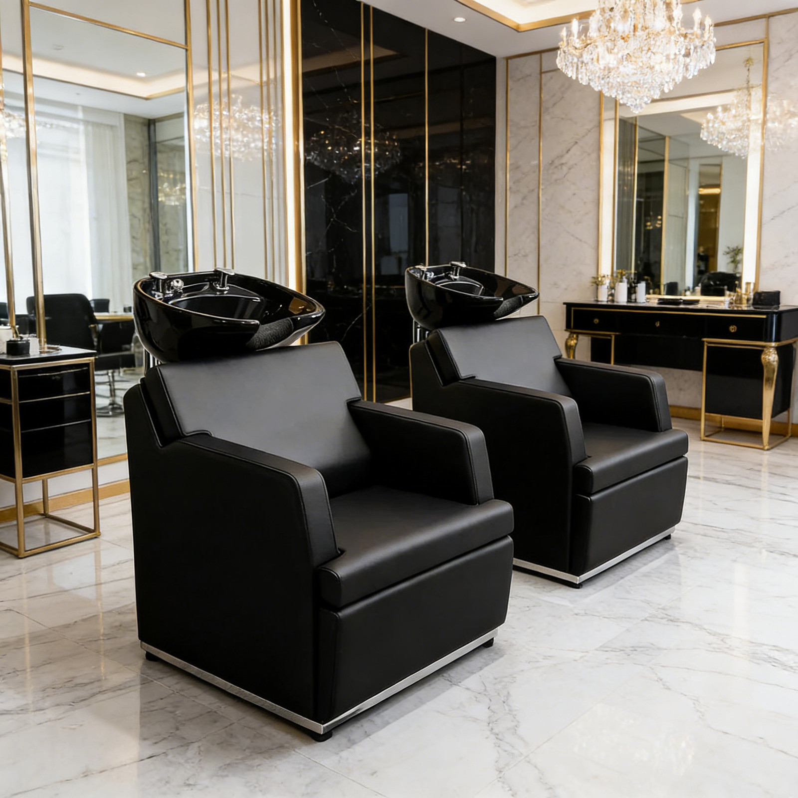 Professional Salon Shampoo Chair with Tilting Porcelain Bowl, Rubber Neck Rest