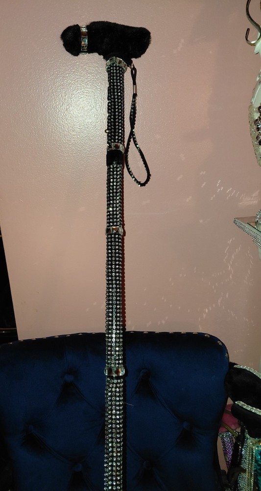 NEW REDESIGNED UPCYCLED WALKING CANE ADJUSTABLE FOLDABLE BLACK BLING-BLING...