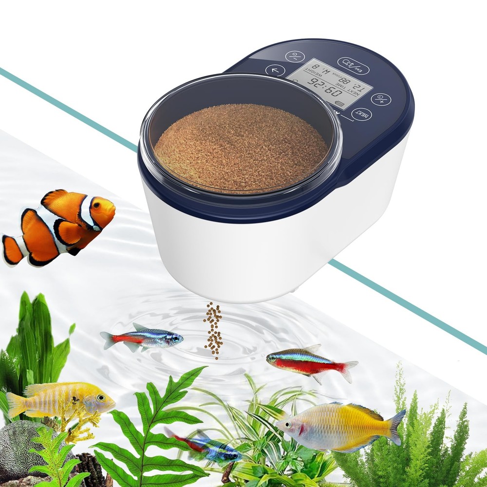 PAIZOO Automatic Fish Feeder, Rechargeable Timer Dark Blue＆ White