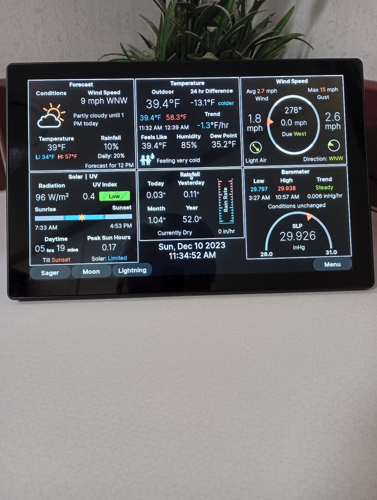 10.1" Weather Display Console color touchscreen for WeatherFlow Tempest