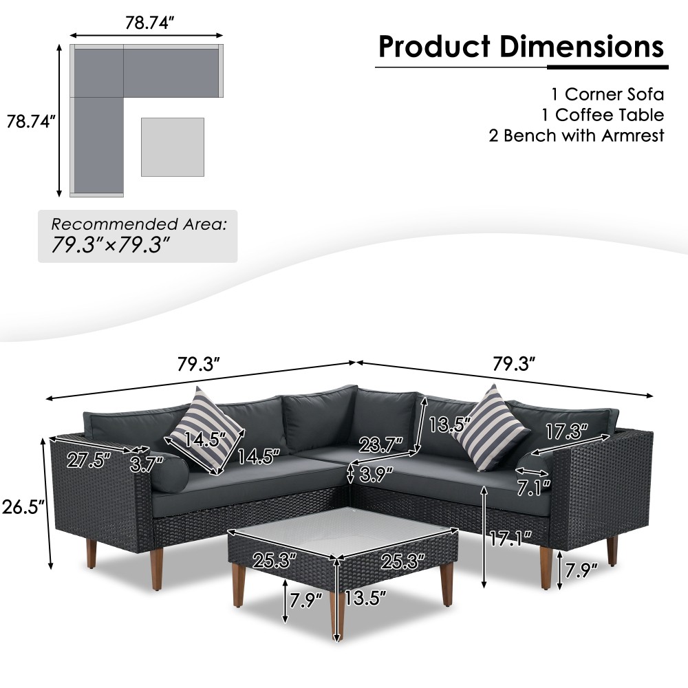 Outdoor Wicker Sectional Sofa Set w/ Colorful Pillows, Coffee Table