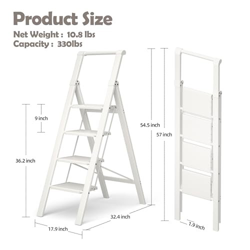4 Step Foldable Aluminum Step Ladder with Handgrip, 4 Step With Handrail White