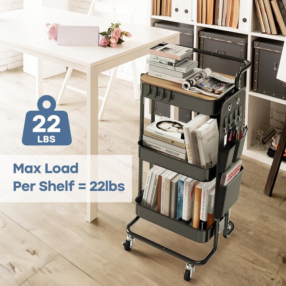 Durable 3-Tier Rolling Utility Cart with Removable Table Top & Storage Bags