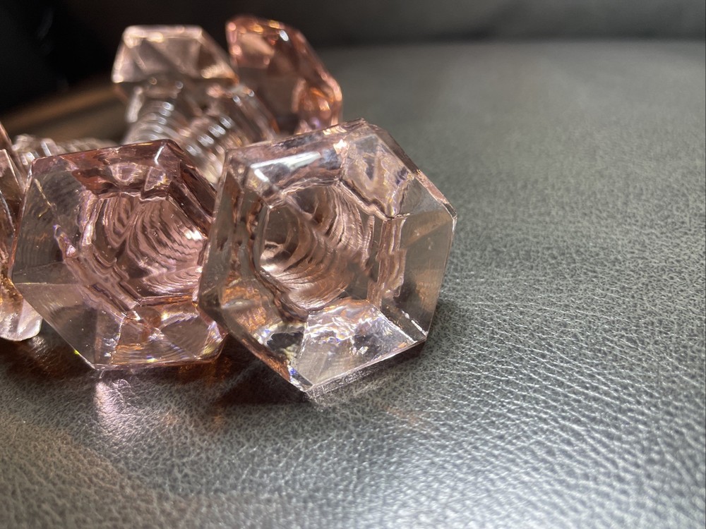 Pink Glass Hexagon Door & Drawer Knobs/Pulls Vintage Threaded Set Of 7