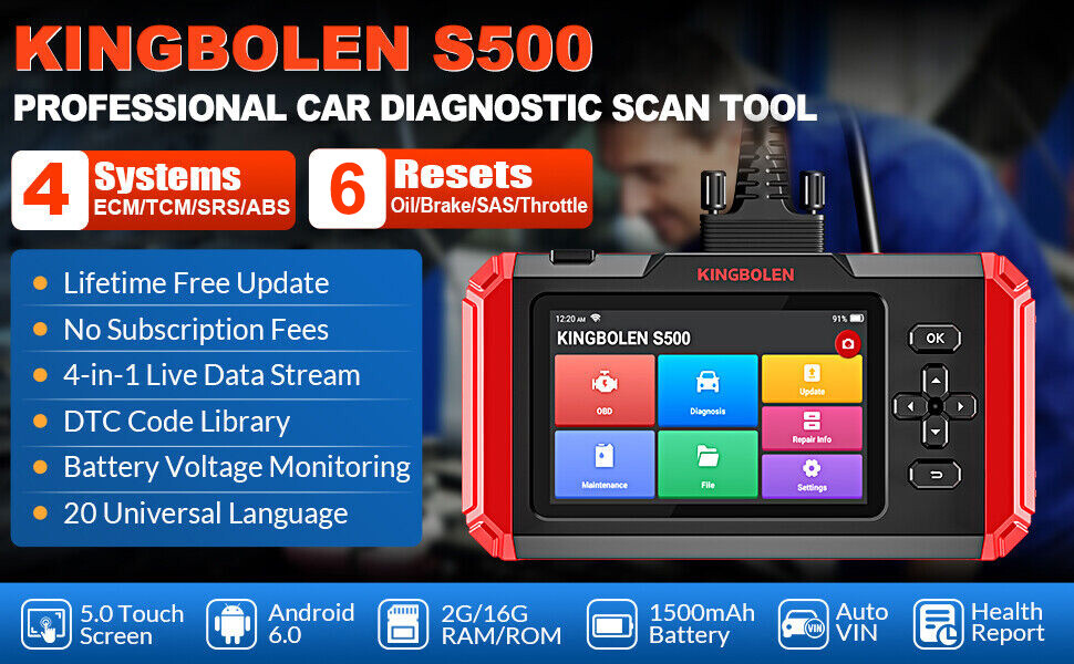 2024 Kingbolen S500 Car Diagnostic Tool OBD2 Scanner ABS SRS Code Reader AD500