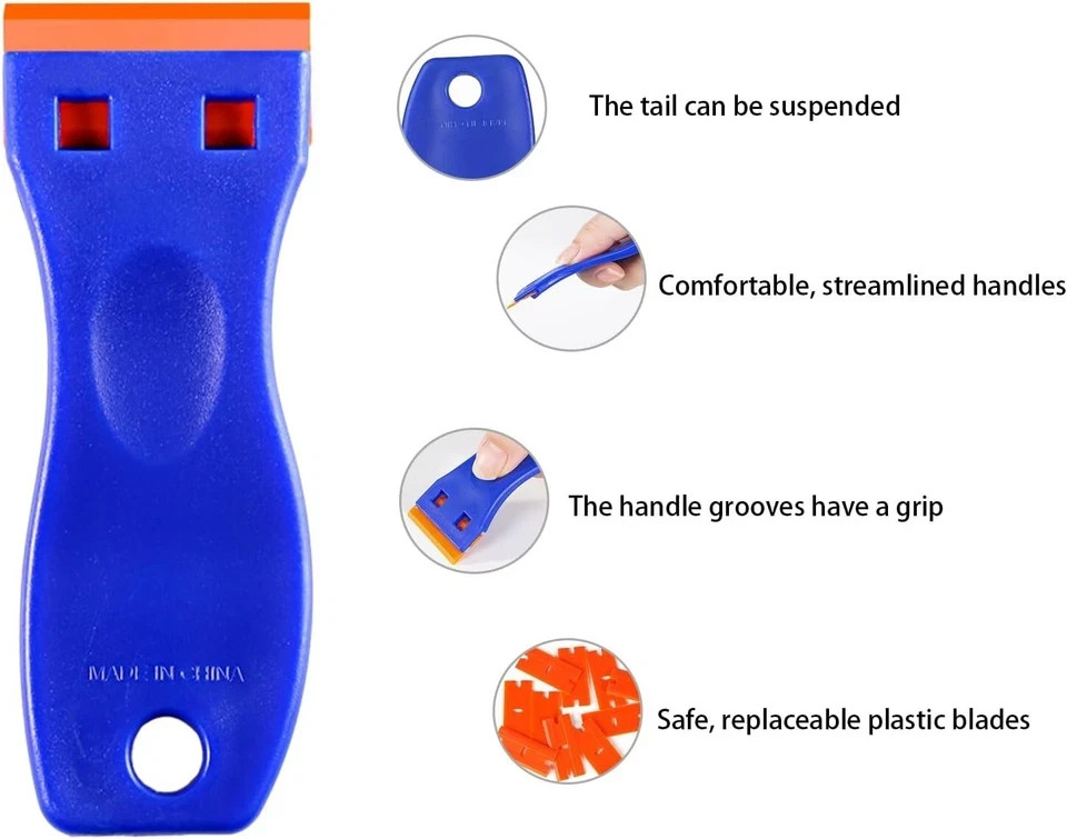 Plastic Razor Blade Scraper 4 Pcs and 120 Pcs Blades, Remove Label Decal Tool.