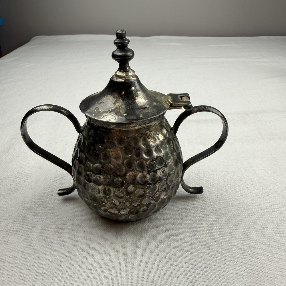 Vintage Hammered Silver Plate Sugar Bowl Hinged Lid Double Handle