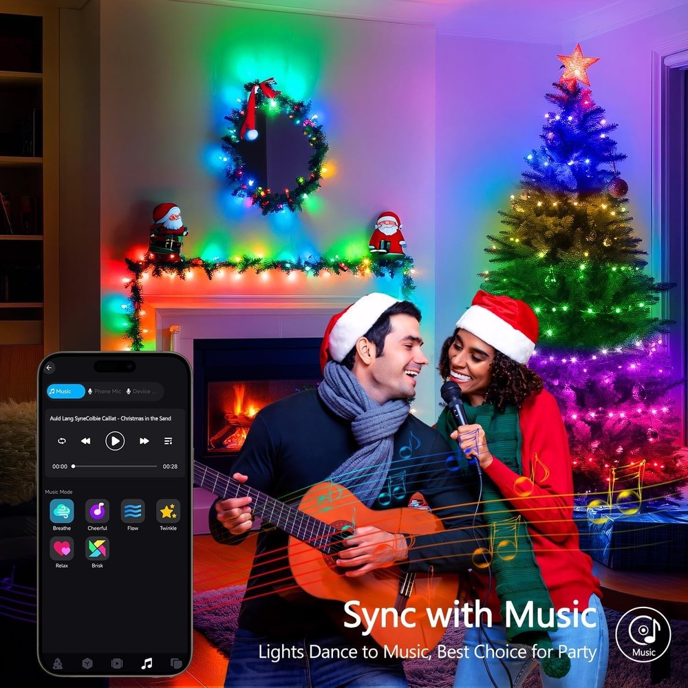Smart Color Changing Christmas Lights - 100 LEDs, 33ft with Remote & APP Control