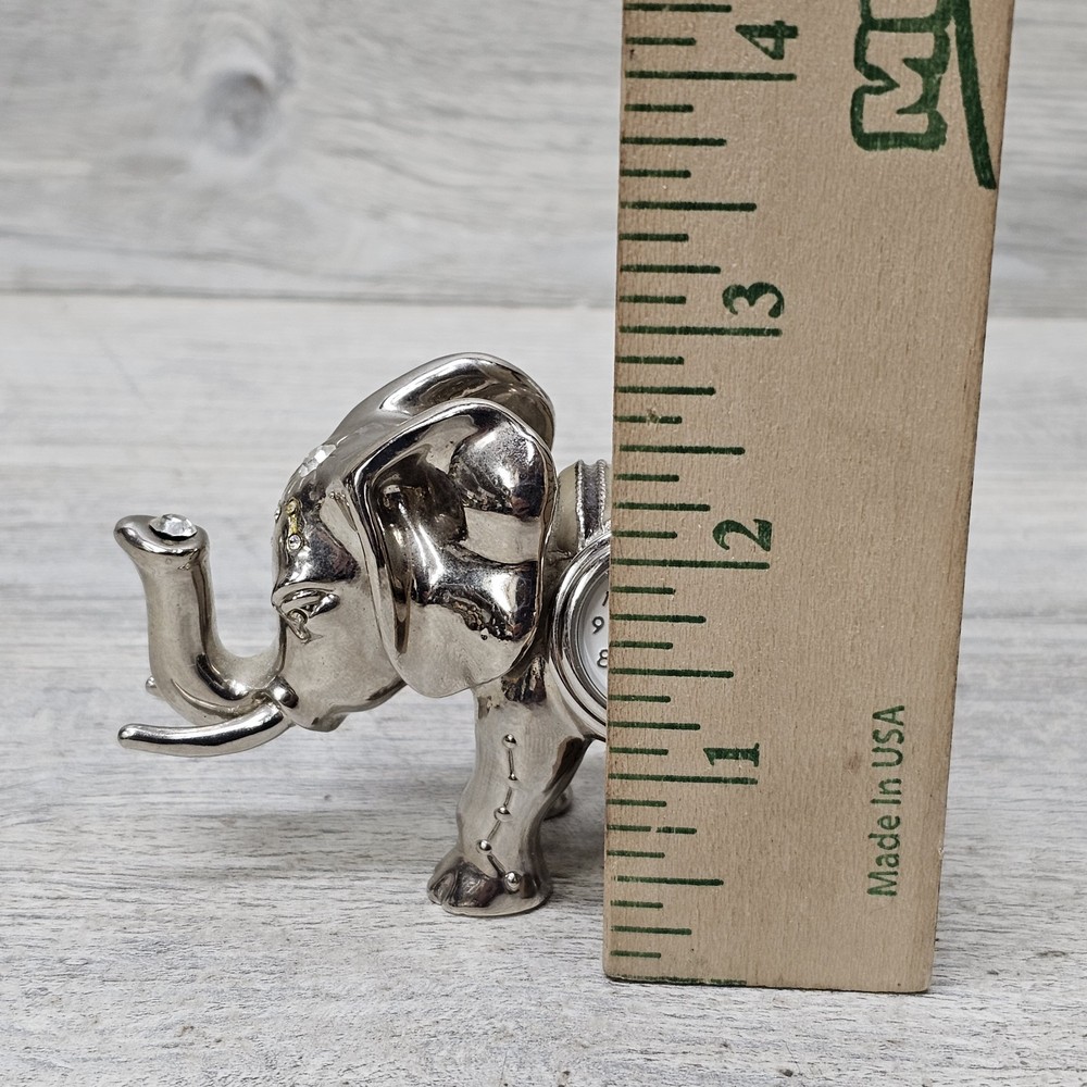 Silver Elephant Desk Clock Figurine Quartz Small 4" Case Needs New Battery