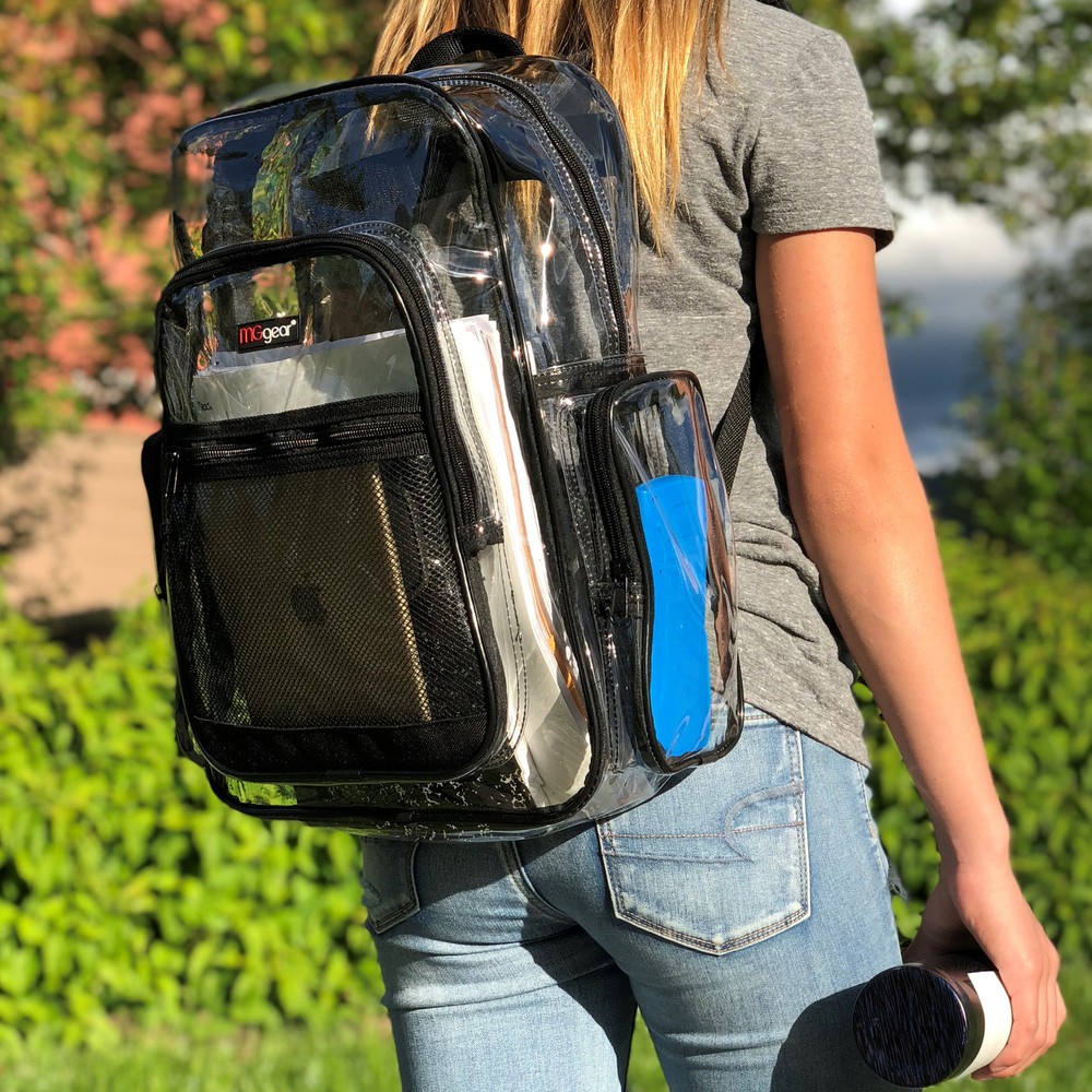 Clear Transparent PVC Multi-pockets School Backpack, Black Trim See Thru Bookbag