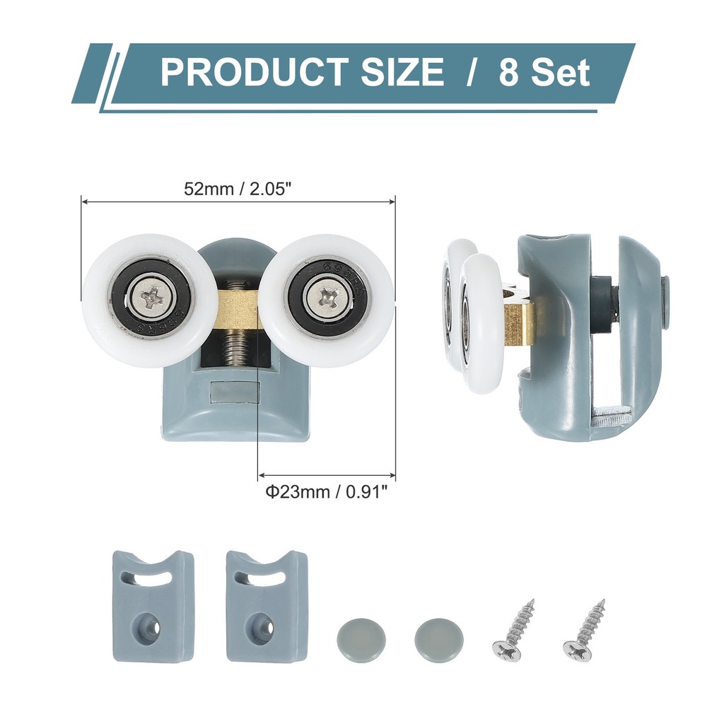 8Pcs 23mm Double Shower Door Rollers Plastic Top Wheels Pulleys Guide Grey