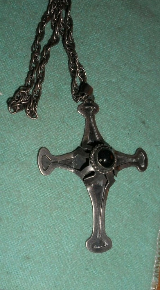 Signed Sterling Silver Cross Necklace With Raised Stone Eagle 3 21" Chain