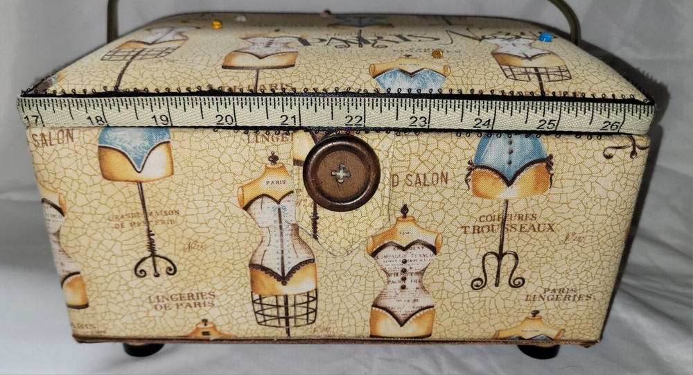 Sewing Basket Box Paris Theme Pattern Tray Handle Pin Cushion Pockets Quilted