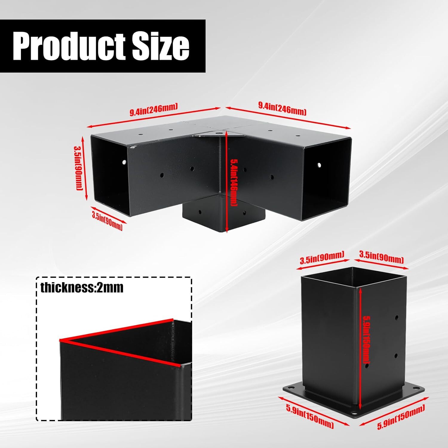 4x4 Pergola Bracket Kit 3.5x3.5 Inner, 3- & 4-Way Brackets with Bases Black