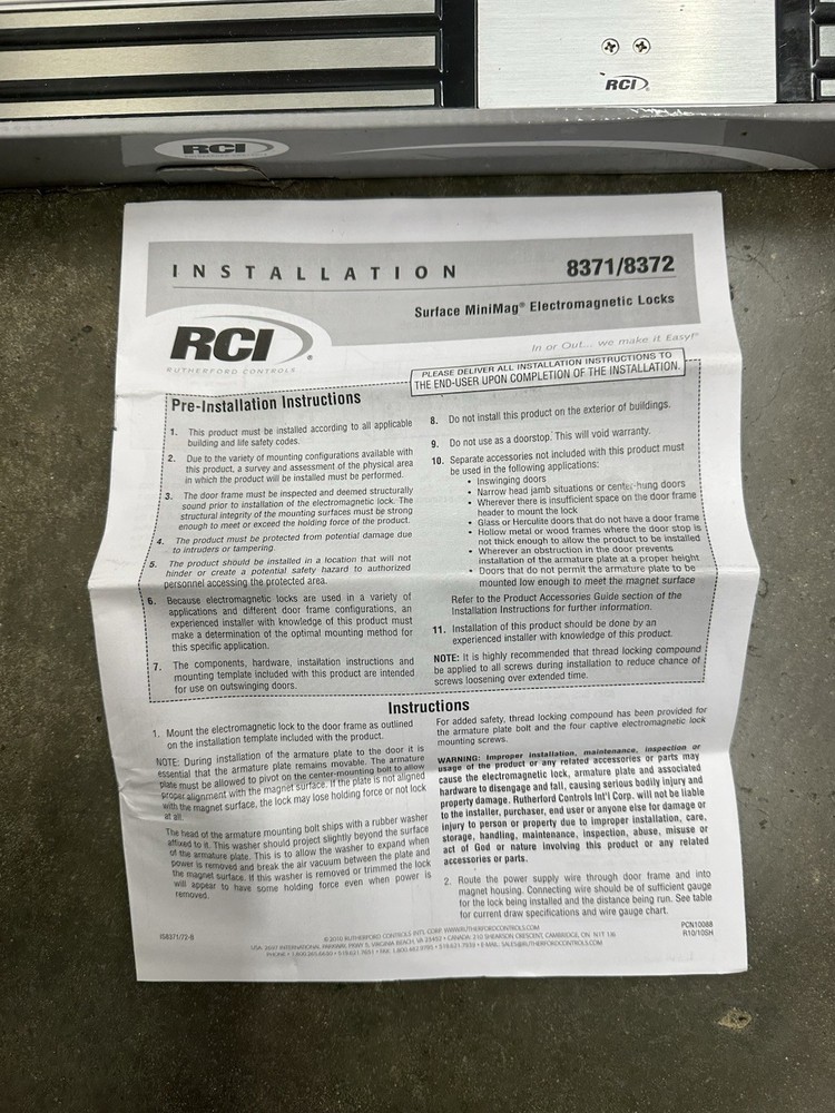 RCI 8371/8372 Surface MiniMag Electromagnetic Lock