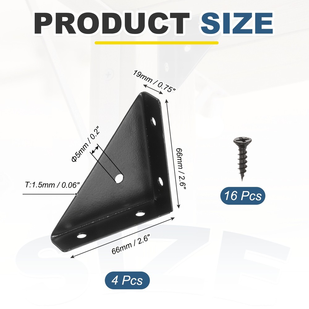 4 Hinged Angles 66mm x 66mm Carbon Steel Black Triangular Angles