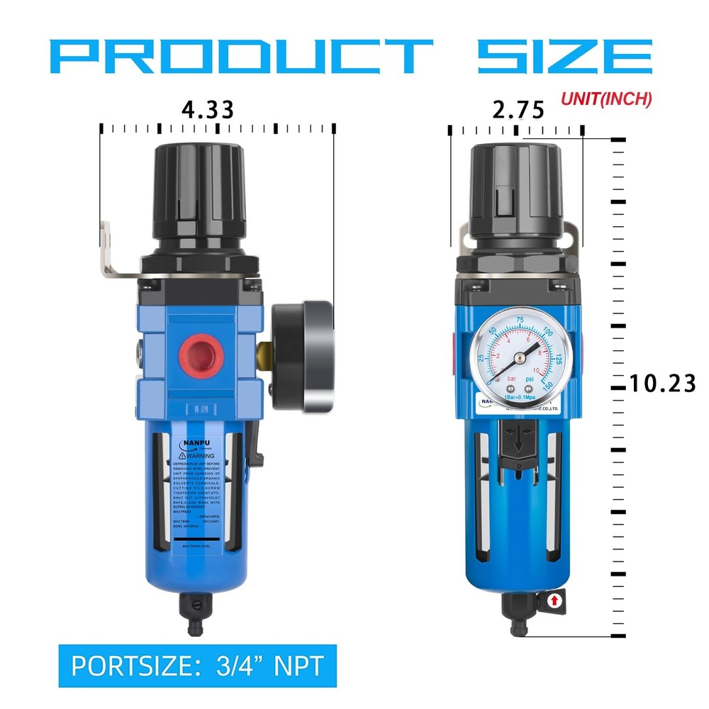 Compressed Air Filter Regulator Combo Piggyback, 5 Micron Brass 3/4" NPT