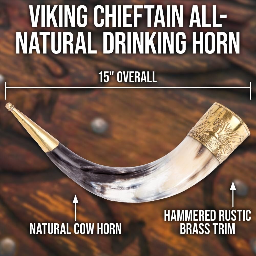 Natural Chieftain Medieval Viking Horn Ale Beer New with Brass Accents