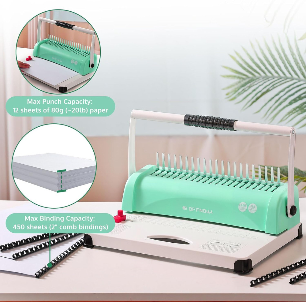 OFFNOVA Binding Machine, 21-Hole 450 Sheets Paper Comb Binding Machine for Lette