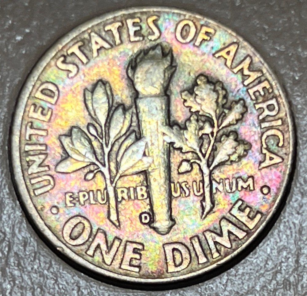 1958 D Roosevelt Silver Dime Slight Rotary Error Rainbow Toning Both Sides