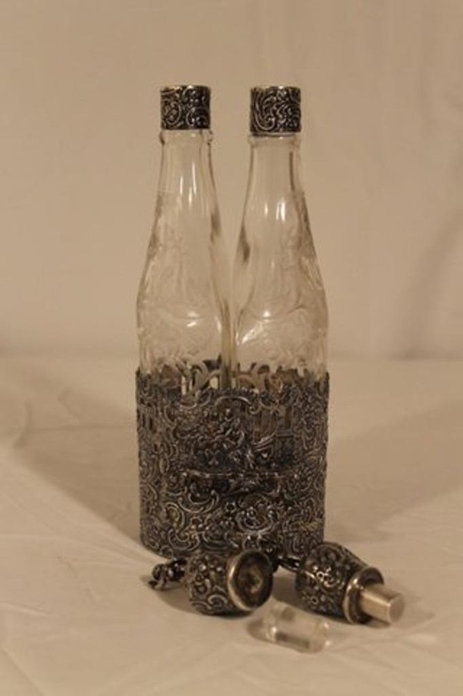 Antique Silver & Cut Glass Double Decanter.
