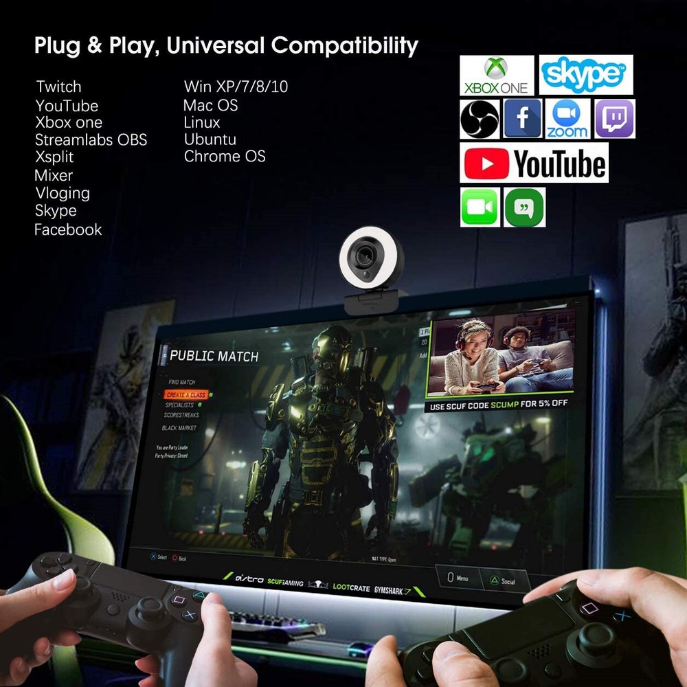 Webcam Streaming 1080P Full HD with Dual Microphone and Ring Light, USB Stream