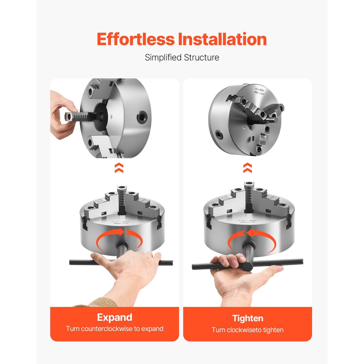 8 Inch 3-Jaw Self-Centering Lathe Chuck with 2 1/4 in-8 Threaded Backing