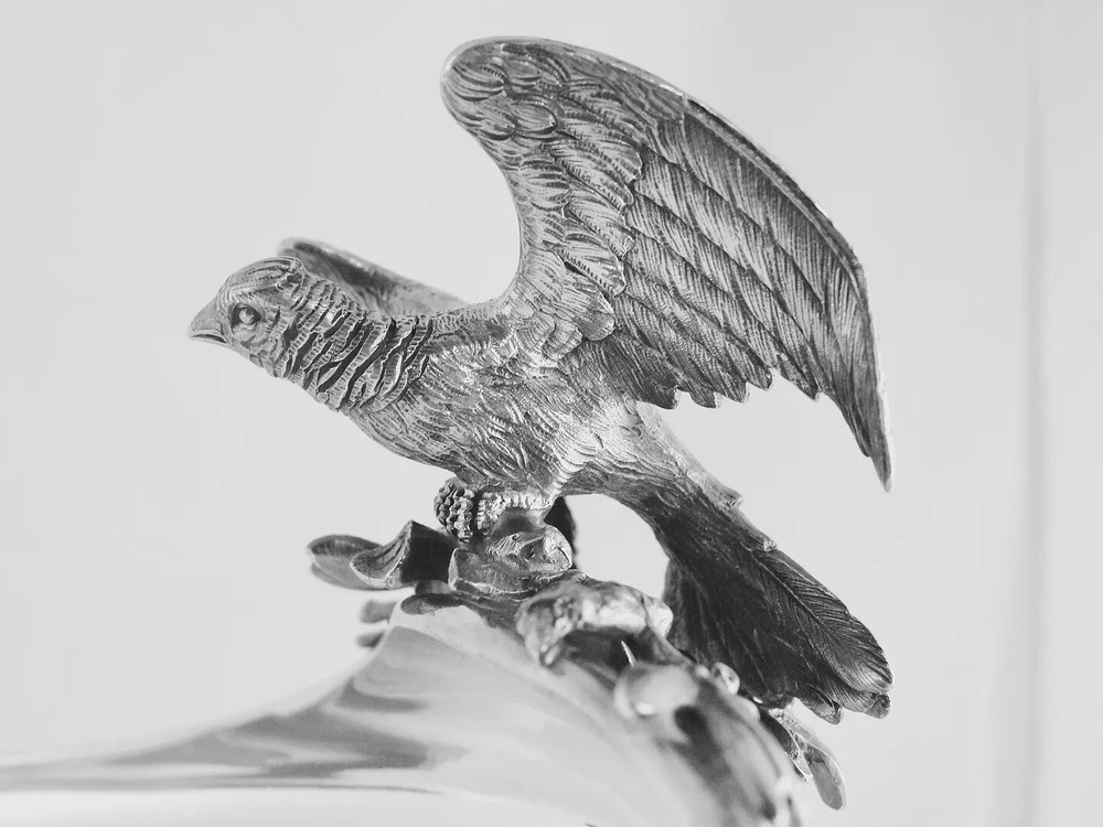 AN ARTISTICALLY PROGRESSIVE GORHAM STERLING SILVER FIGURAL FRUIT STAND,1869