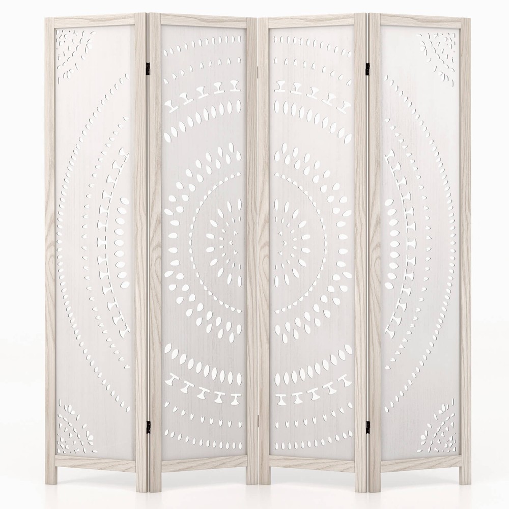66" Boho 4-Panel Room Divider w/ Carved Pattern & Solid Wood Frame 360° Hinges