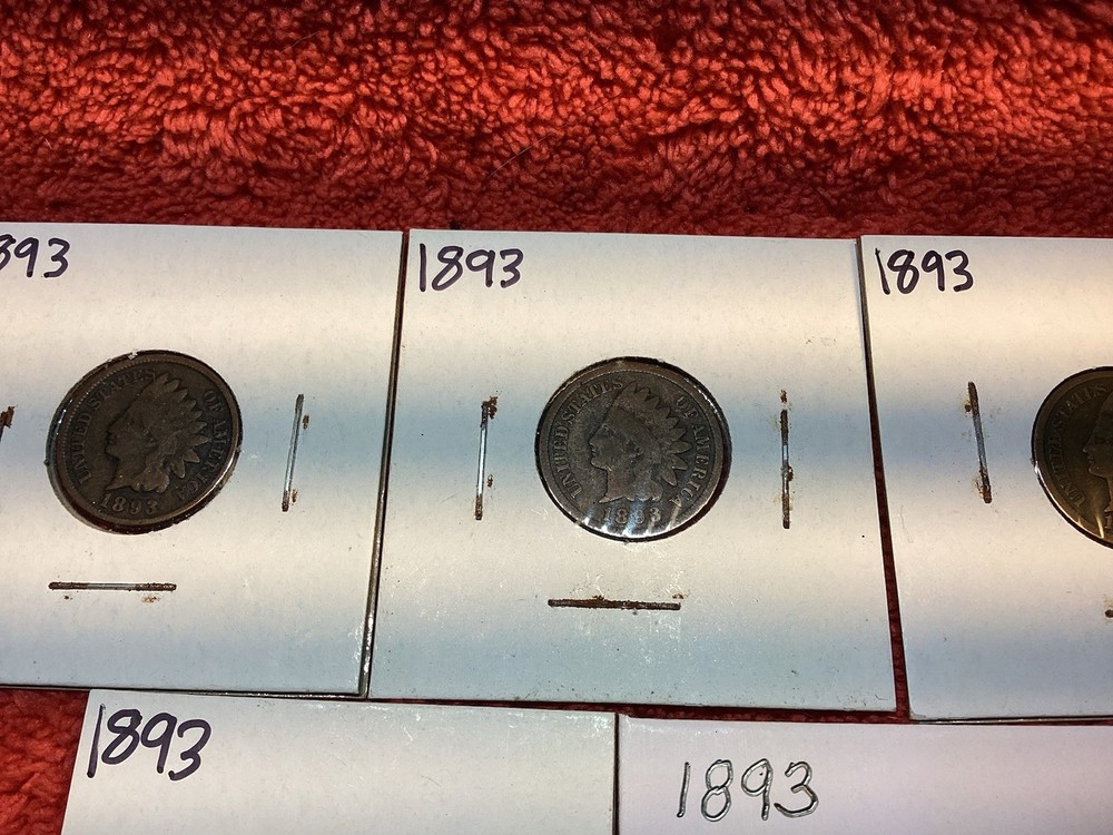 FIVE 1893 INDIAN HEAD PENNIES