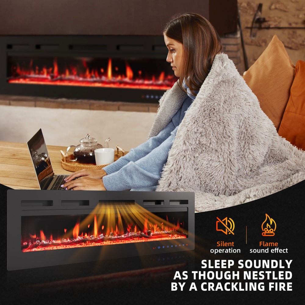 50'' Electric Fireplace Wall Mounted Heater with Remote/Adjustable Flame/Timer