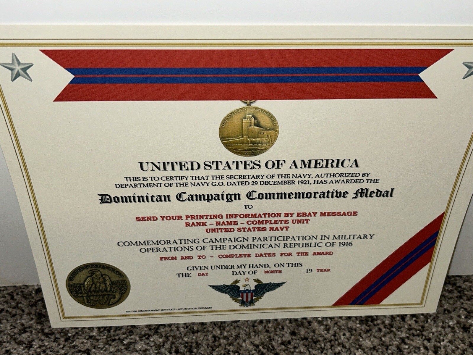 DOMINICAN CAMPAIGN (NAVY) COMMEMORATIVE MEDAL CERTIFICATE ~ W/PRINTING TYPE-1