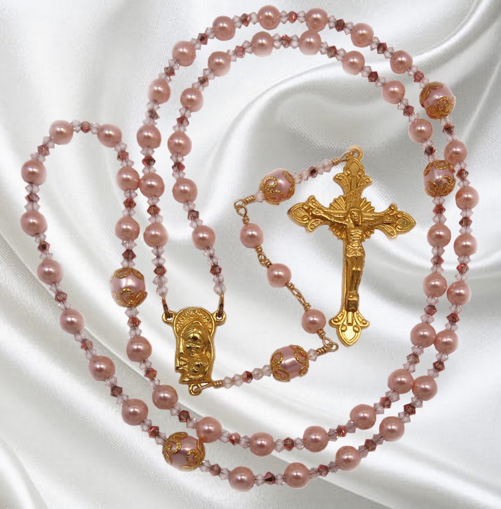 Catholic Rosary Handmade Pink Pearl Rosary,  Gold Tone Crucifix, Gift