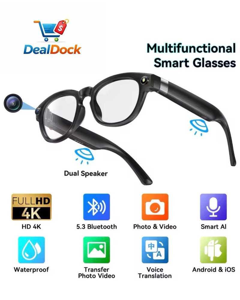 Smart Glasses 4K Camera Bluetooth AI Voice Assistant Android iOS