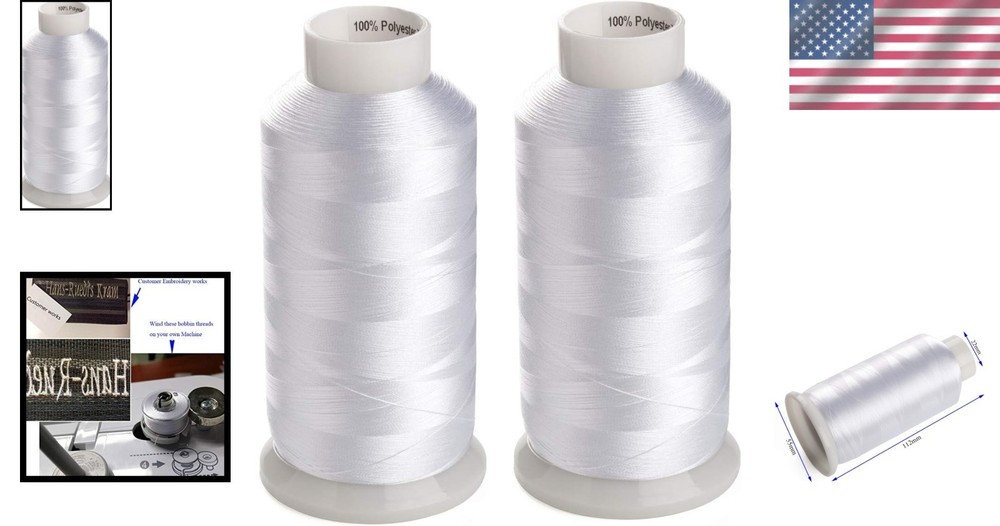 Two Large Spools White Bobbin Thread 60WT 5500 Yards Perfect for Sewing Projects